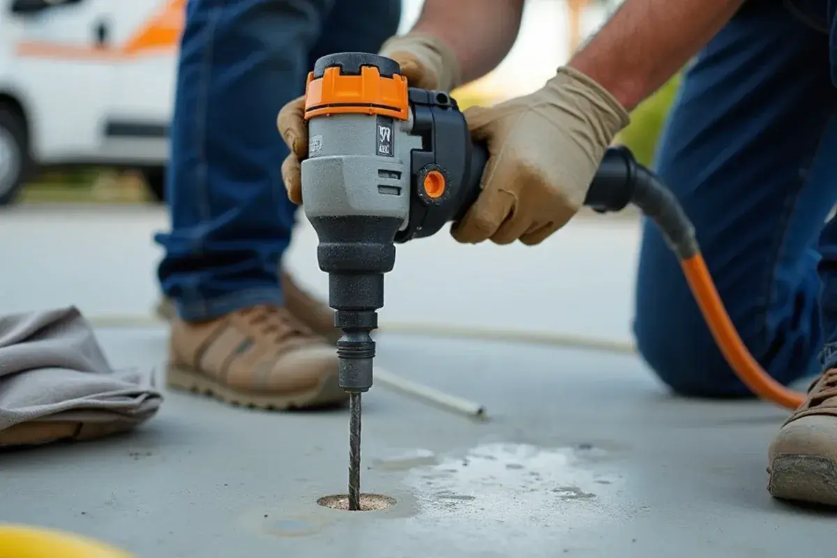 Technician drilling a test hole for an in-situ humidity probe in a Clay County, FL slab