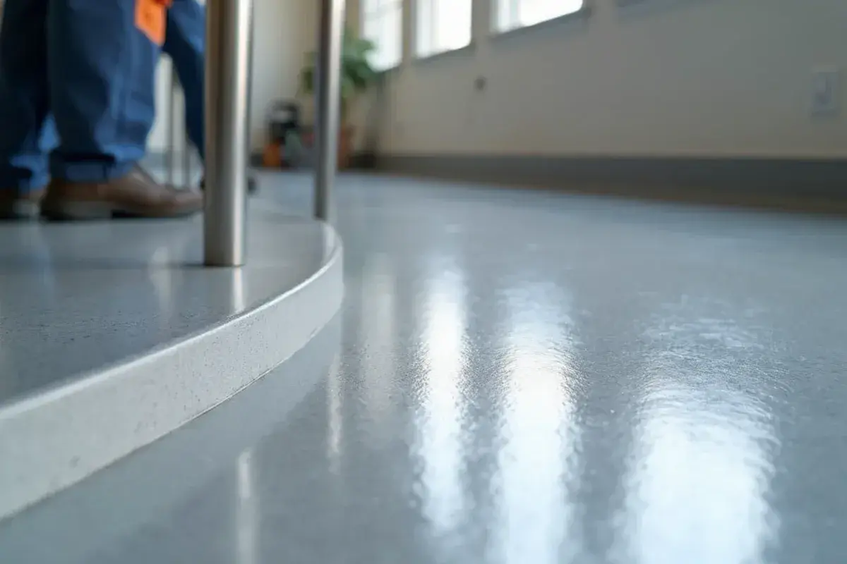 Close view of a resin cove base meeting the floor in a Duval County, FL restaurant kitchen
