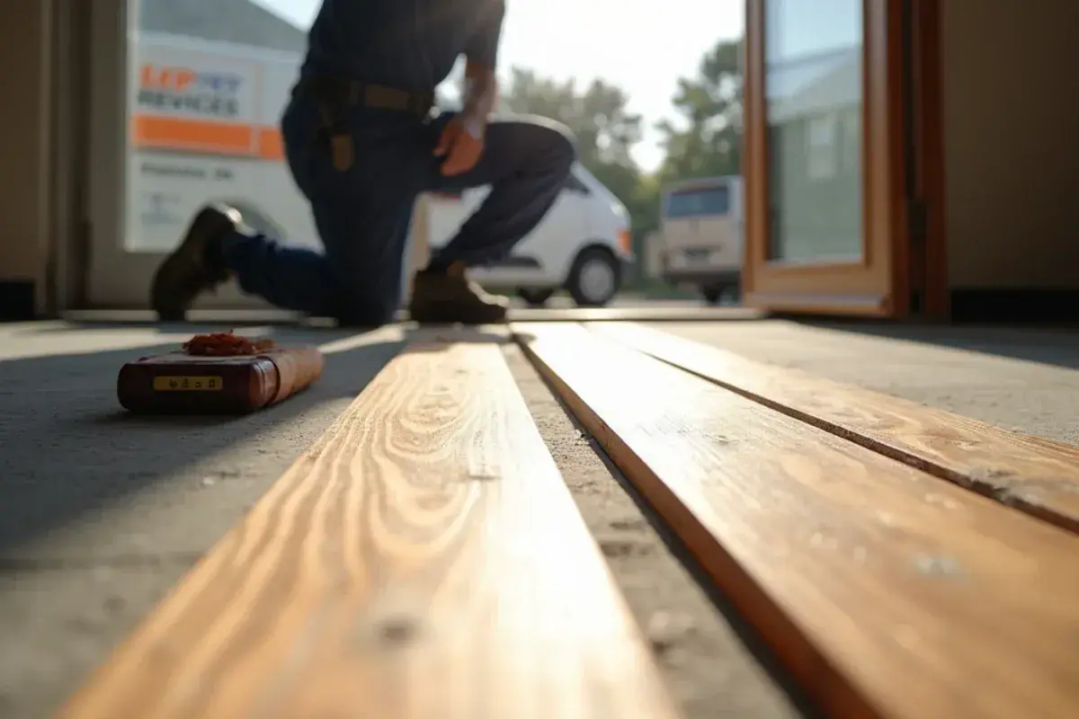 Cupped solid hardwood boards near a sliding door in a Fruit Cove, FL home