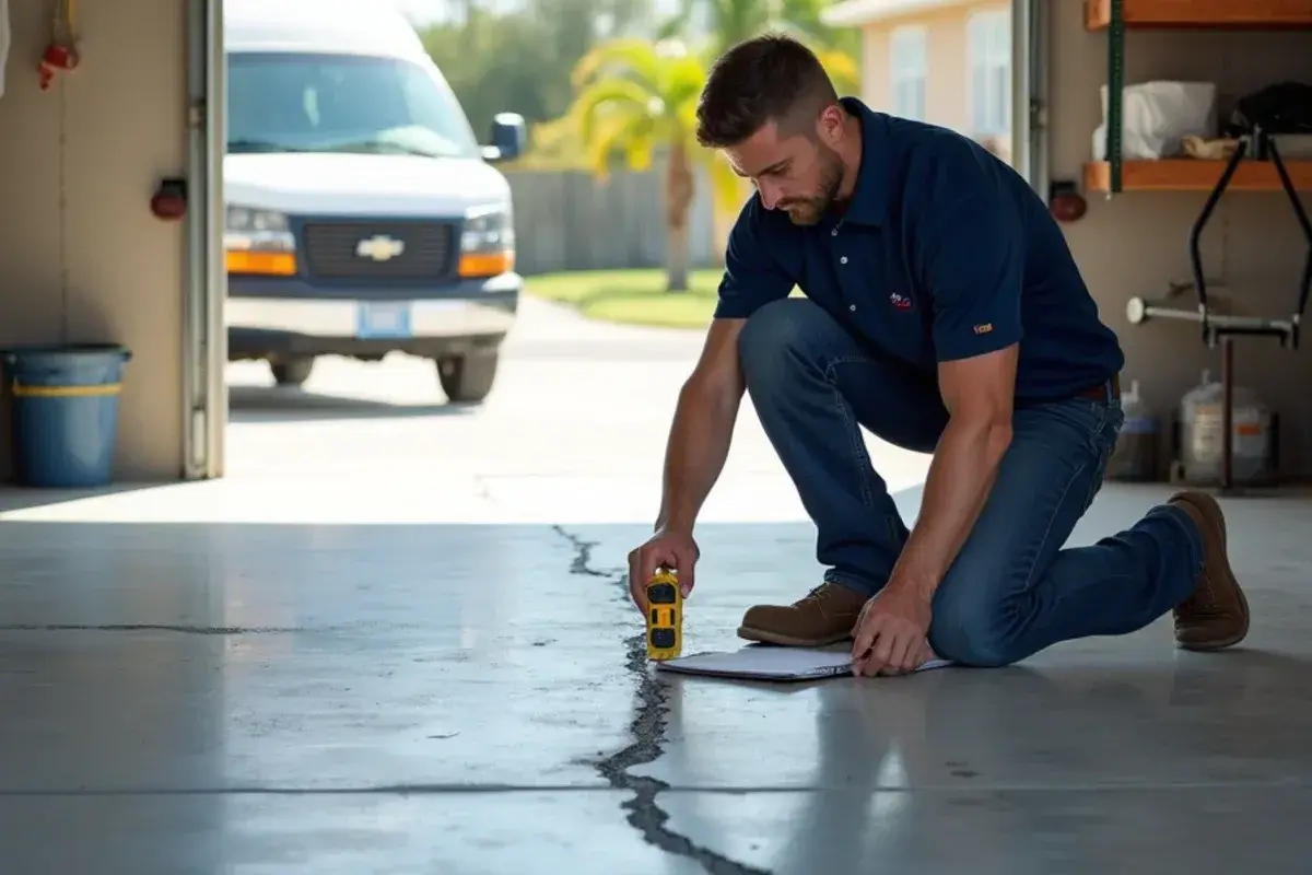 Estimator measuring a bare concrete garage slab before a coating quote in Jacksonville, FL