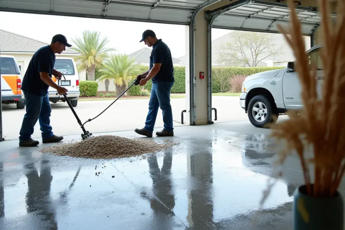 Three-car garage receiving a full flake broadcast in Oakleaf Plantation, FL