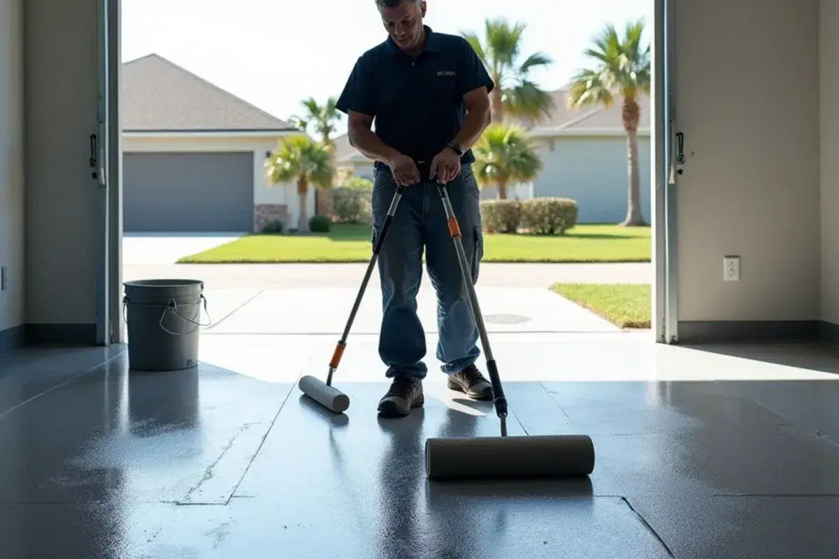 Applicator in spiked shoes rolling a clear topcoat over a flake floor in Yulee, FL