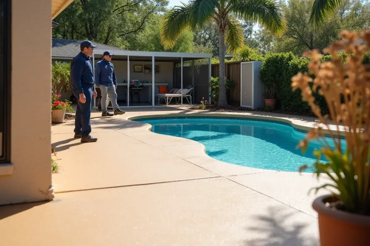 Freshly coated slip-resistant pool deck behind a beach-area home in Atlantic Beach, FL