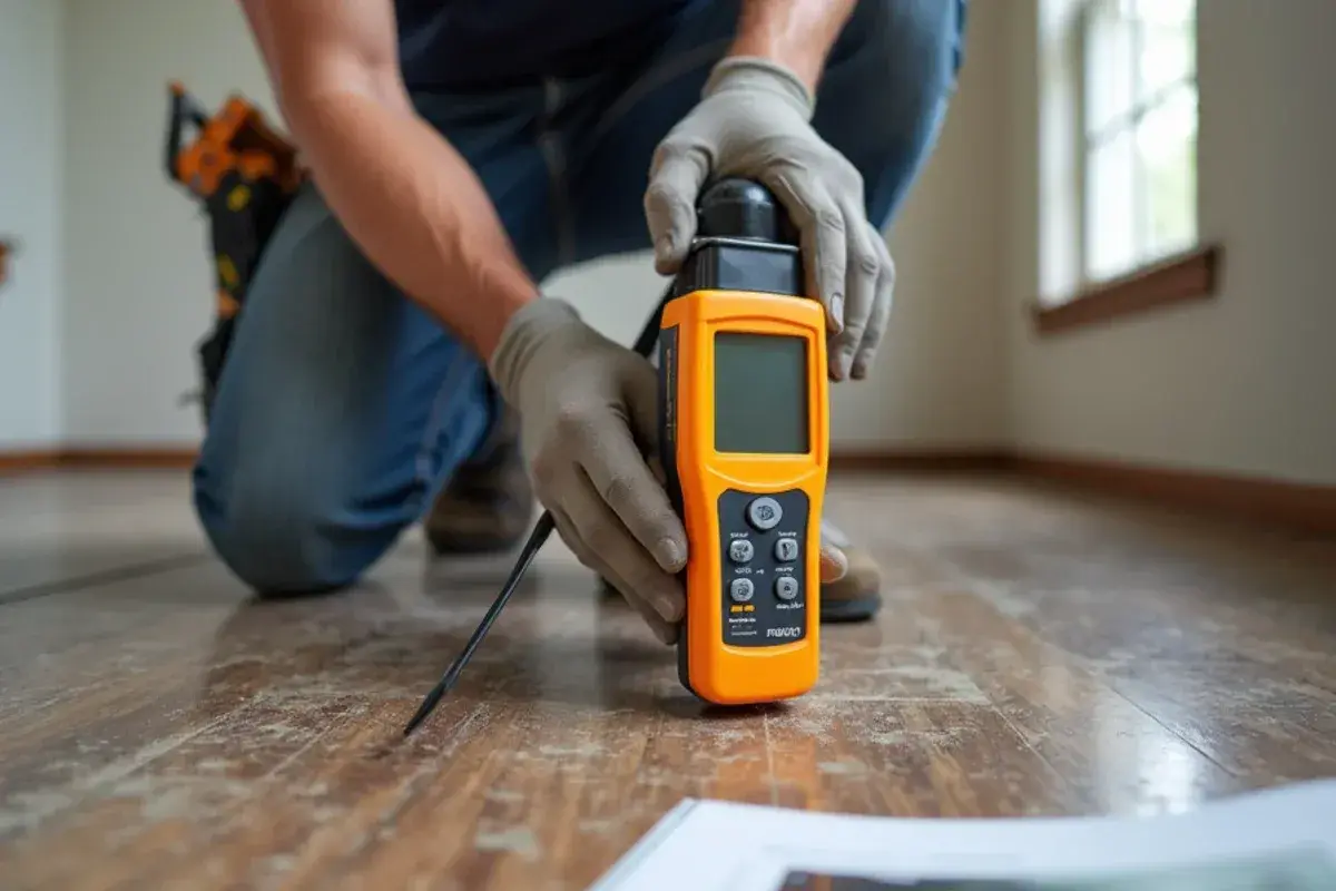 Installer documenting a stained plywood subfloor with a moisture meter in Jacksonville, FL