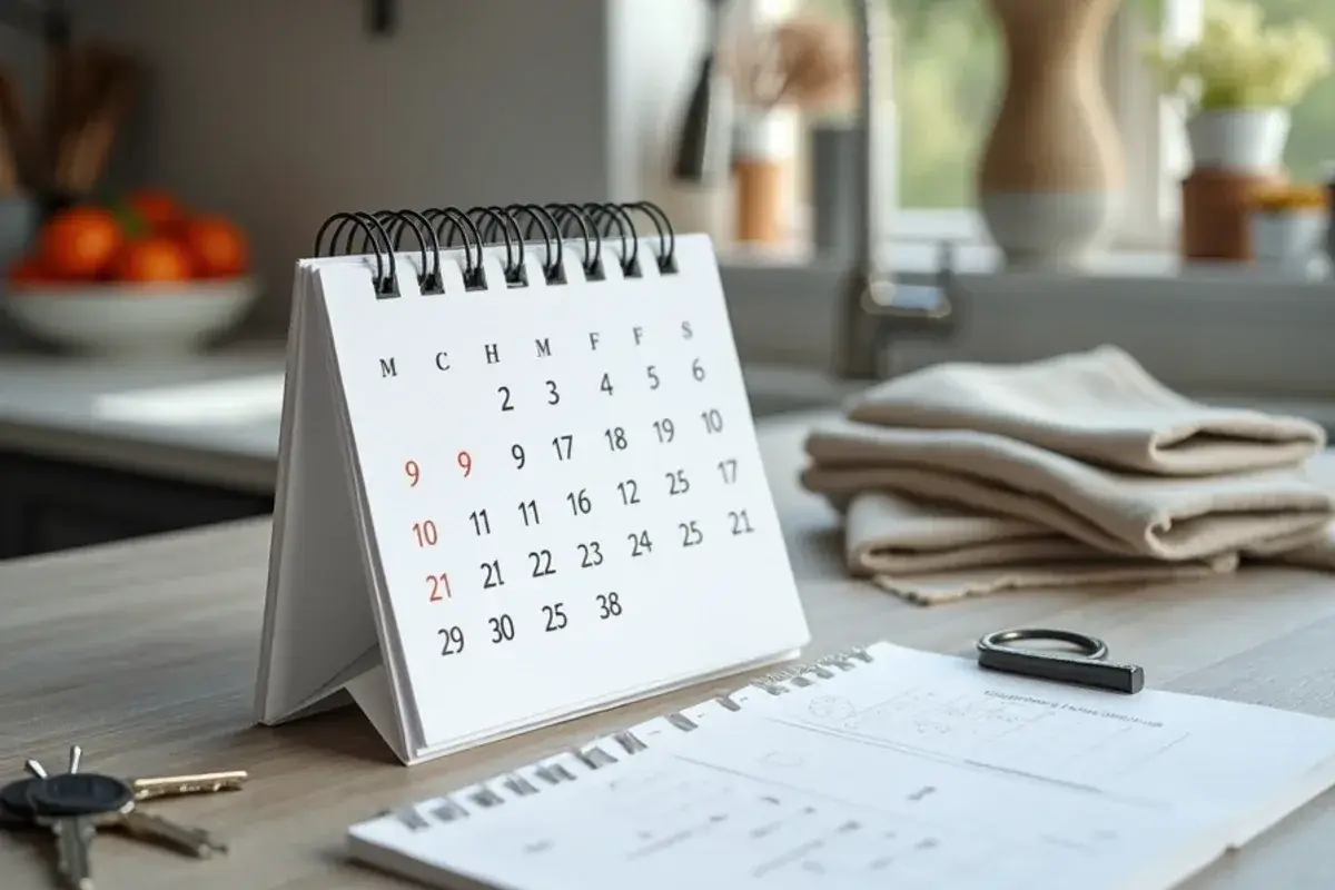 Wall calendar with a closing date circled beside flooring samples for a PCS move to Jacksonville, FL