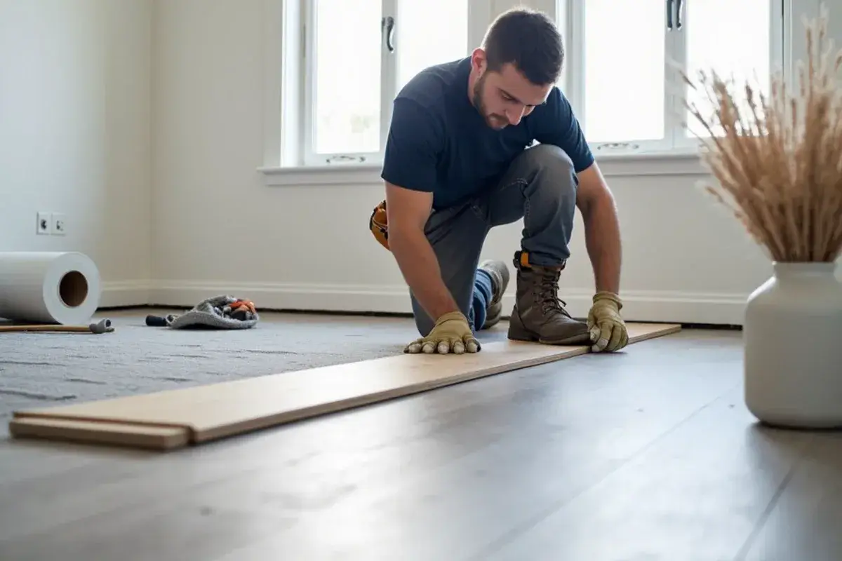 Installer laying durable vinyl plank during a rental turnover near Naval Station Mayport in Atlantic Beach, FL