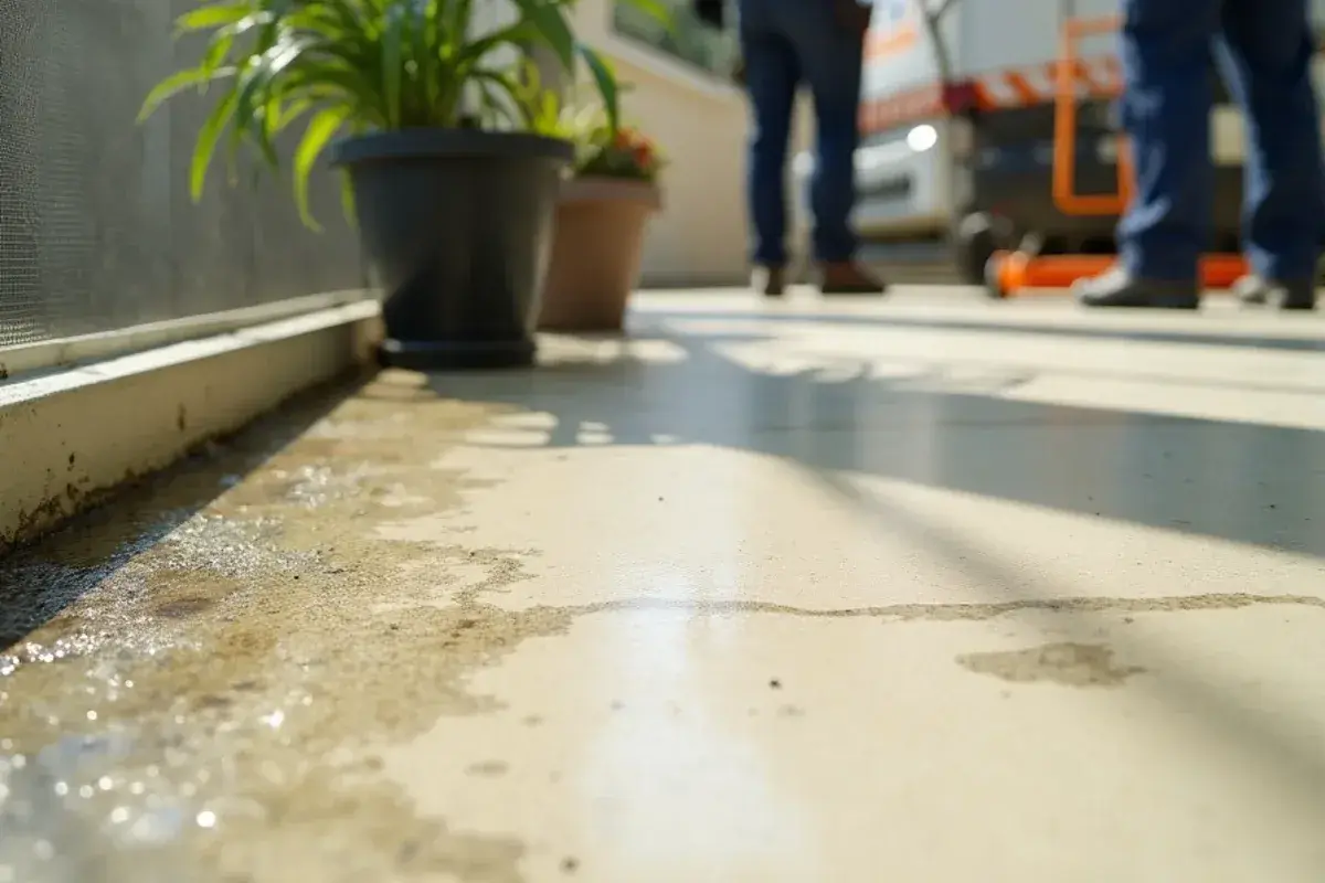 Mildew staining in the shaded corner of a screened lanai floor in Clay County, FL