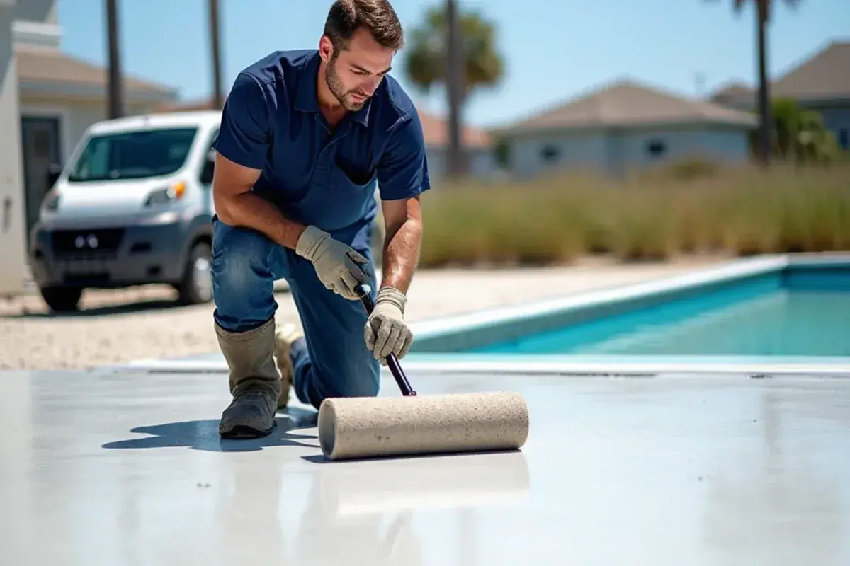 Applicator rolling a slip-resistant topcoat with grit across an oceanfront deck in St. Johns County, FL