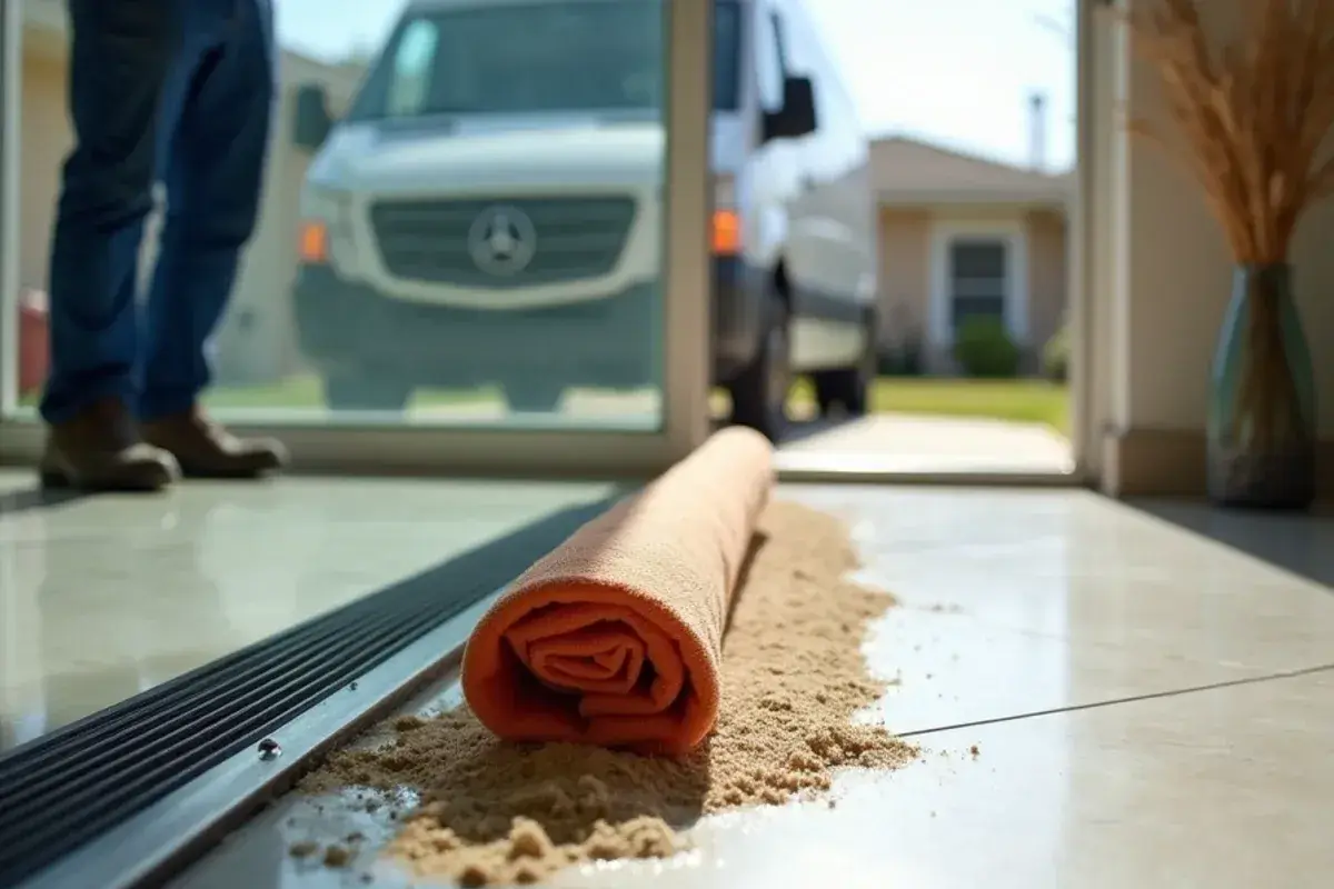 Rolled towels and a weighted barrier at a sliding glass door threshold in a Vilano Beach, FL home