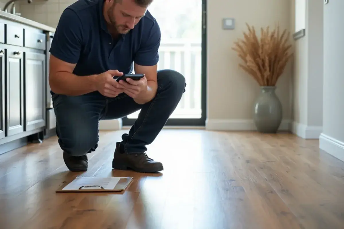 Property manager photographing scratched vinyl plank flooring at move-out in Northeast Florida