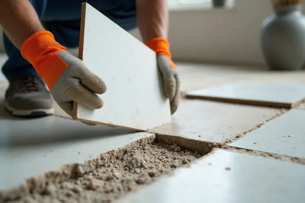 Lifted floor tile showing sparse mortar contact on its back from a tented floor in Orange Park, FL