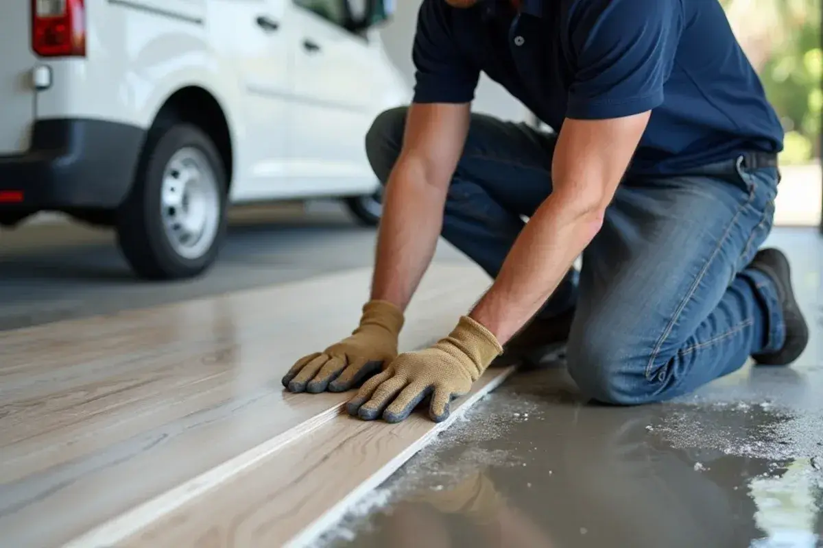 Installer lifting wet vinyl plank rows to expose a damp concrete slab in a Jacksonville, FL home