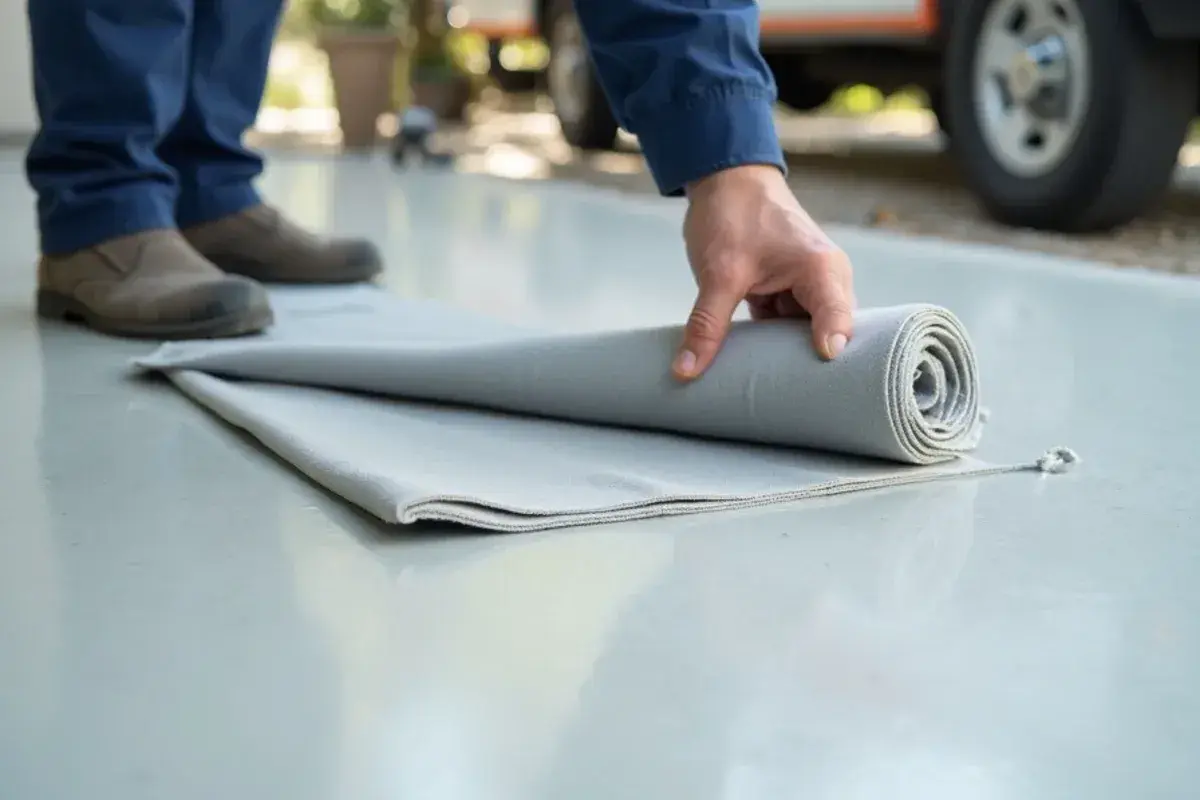 Sheet of failed garage coating lifting off smooth bare concrete in Jacksonville, FL