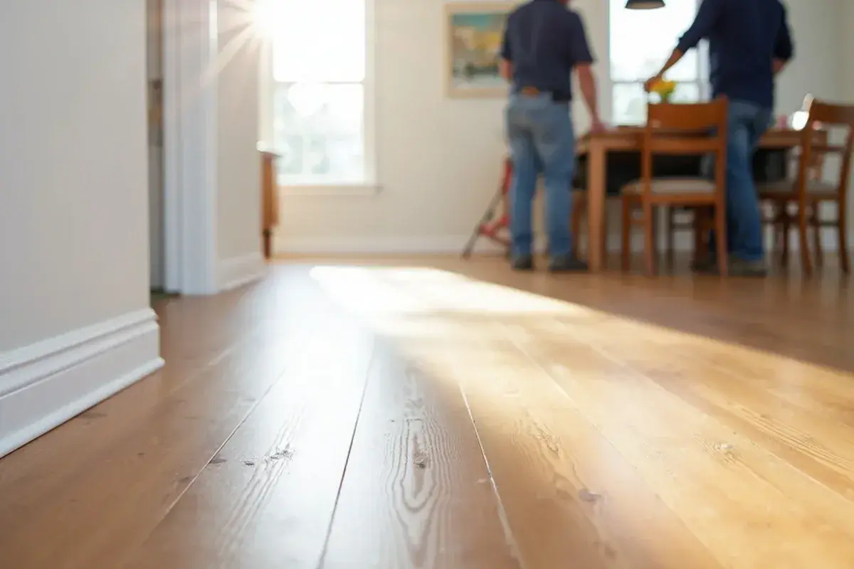 Repaired flat plank floor with new painted quarter-round in a Jacksonville, FL dining room