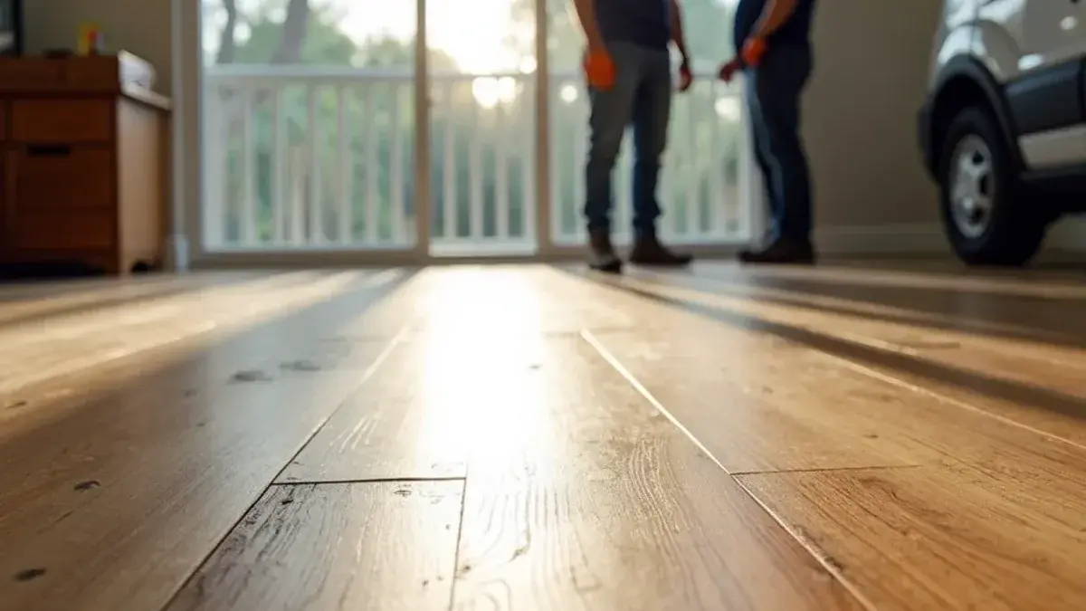 Cupped hardwood boards catching low light across a living room floor in Jacksonville, FL