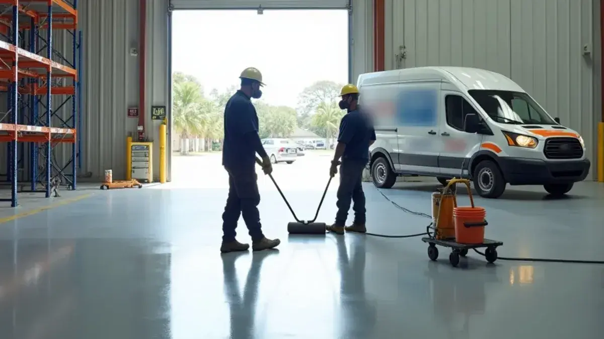 Crew rolling a gray epoxy body coat across an empty warehouse slab in Jacksonville, FL