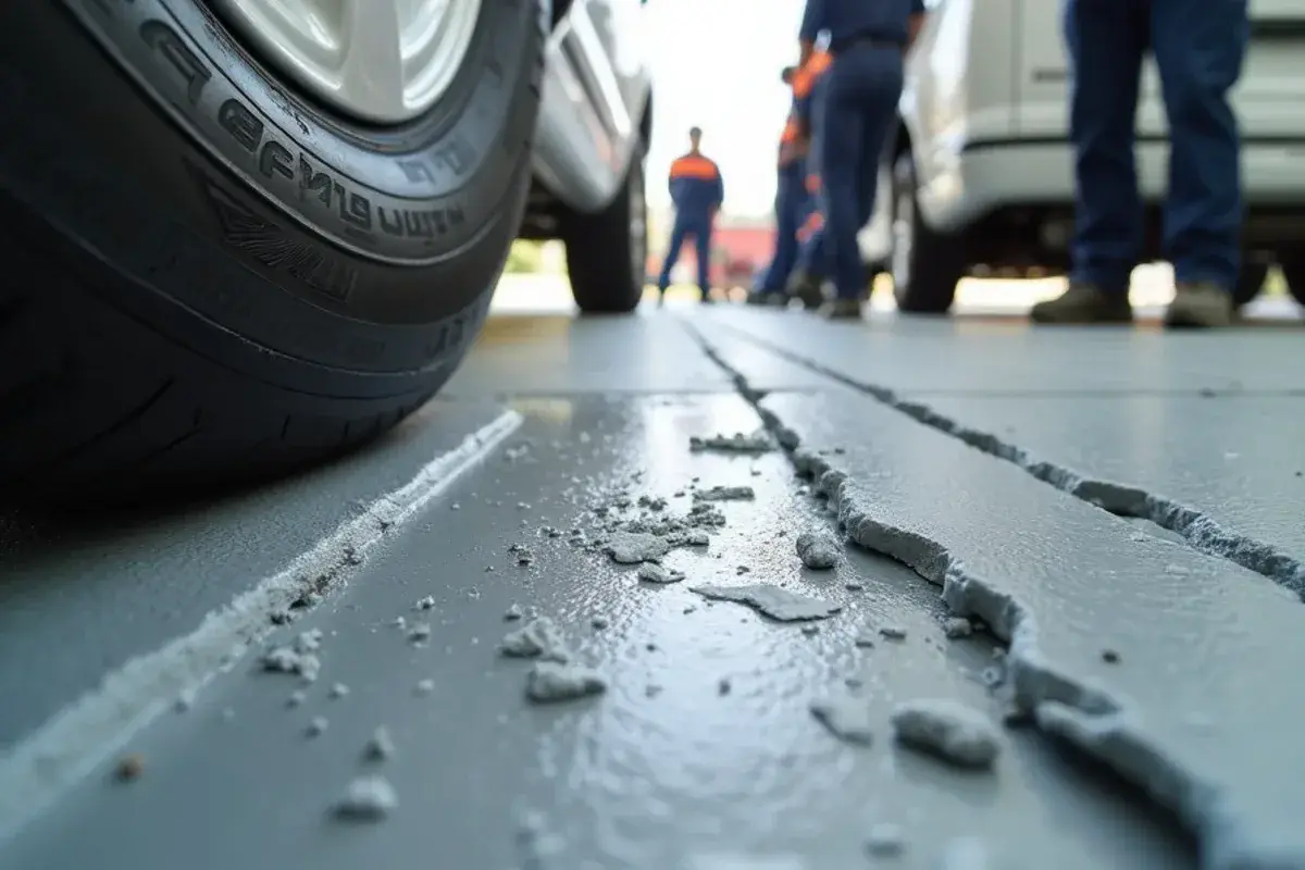 Hot-tire pickup lifting a thin coating where a car parks in a Jacksonville, FL garage