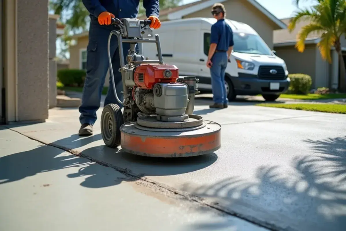 Diamond grinder removing failed garage epoxy down to concrete in Jacksonville, FL