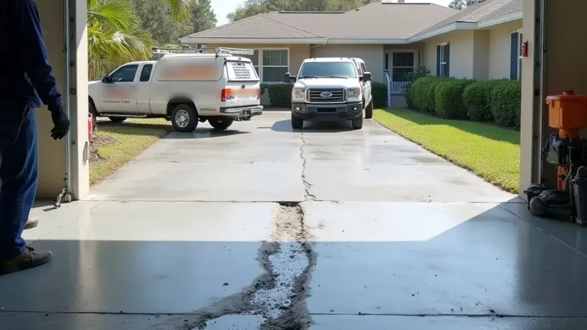 Peeling garage floor coating with bare concrete showing under tire tracks in Jacksonville, FL