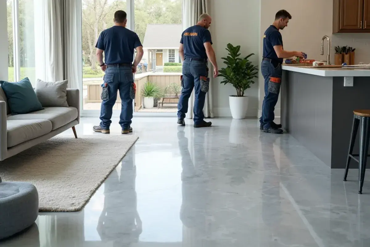 Pearl-gray metallic epoxy floor with soft swirls in a Jacksonville, FL living space
