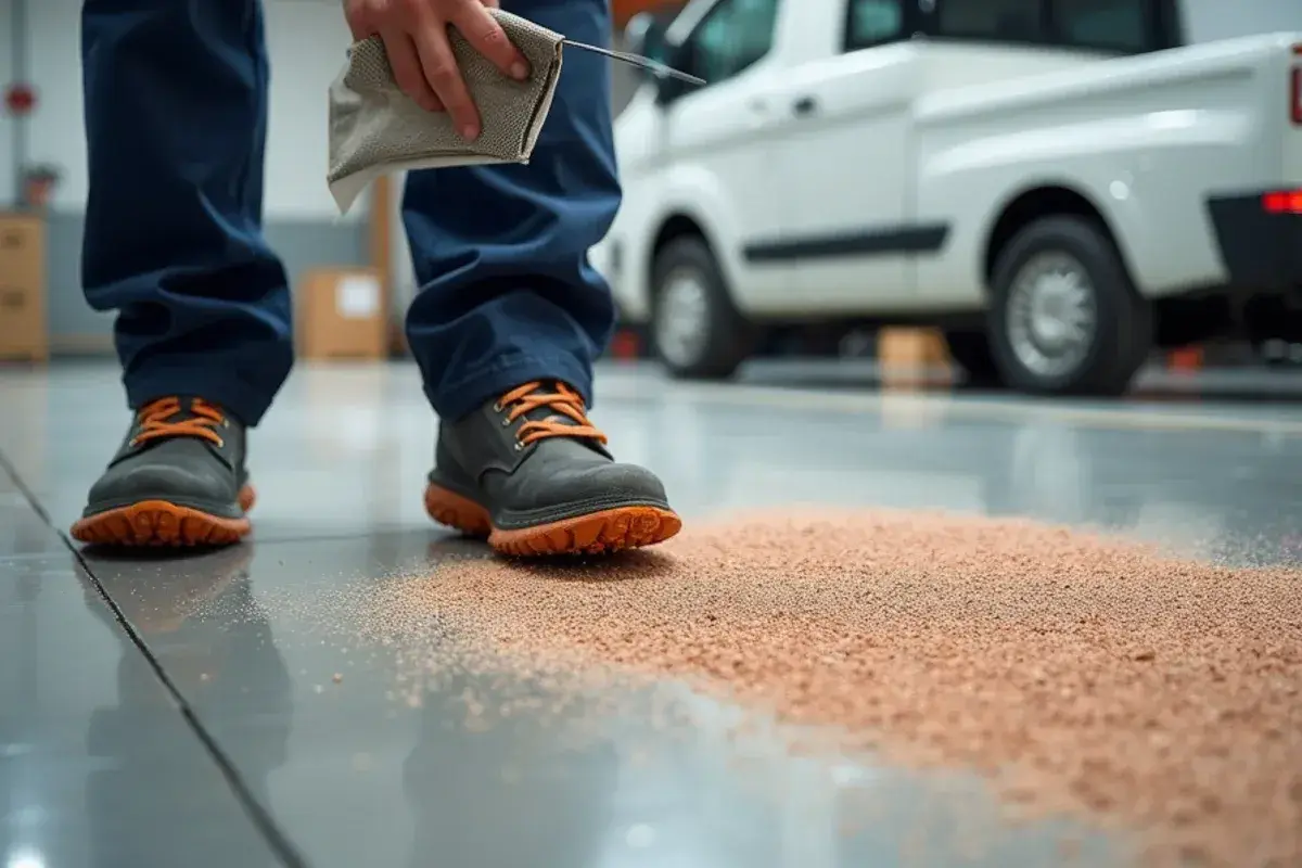 Colored quartz sand broadcast into wet epoxy on a shop floor in Jacksonville, FL