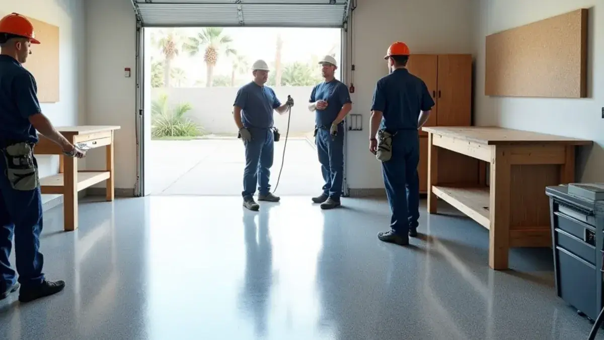 Gray and white full-flake epoxy floor reflecting daylight in a Jacksonville, FL home workshop