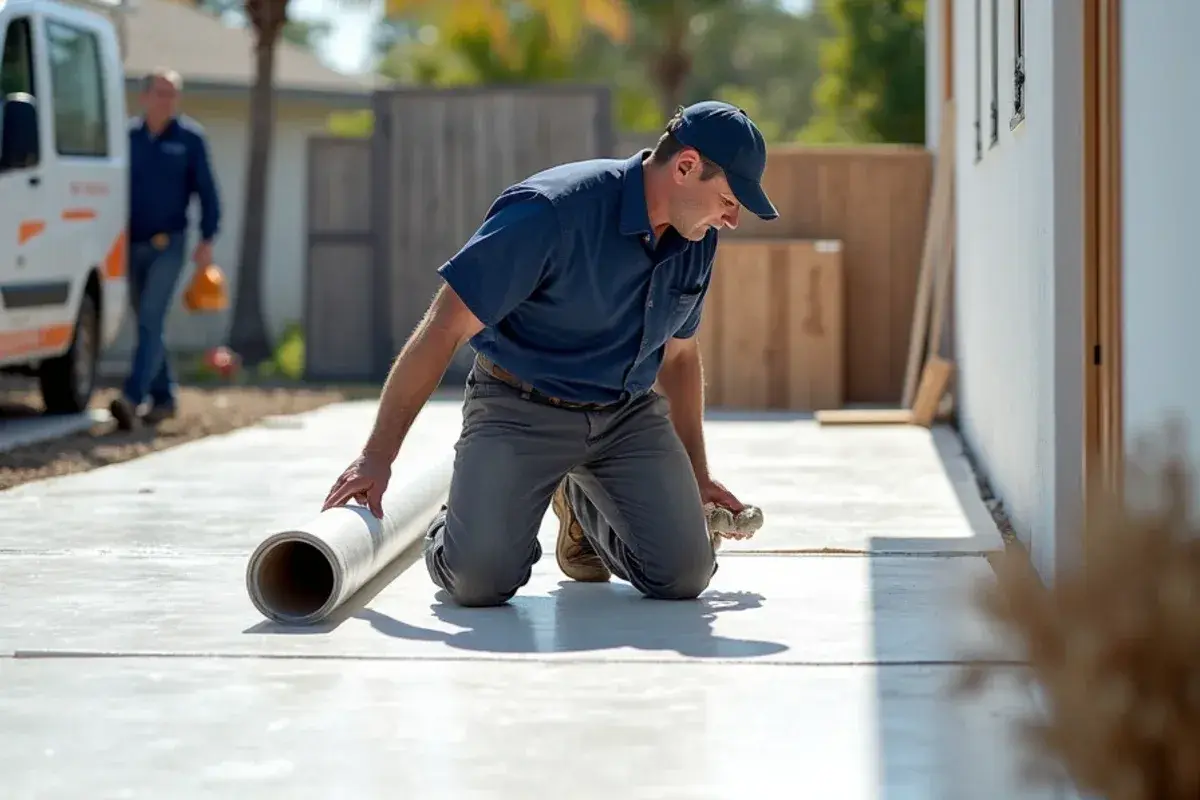 Polyethylene moisture barrier rolled out over a concrete slab ahead of plank flooring in Jacksonville, FL