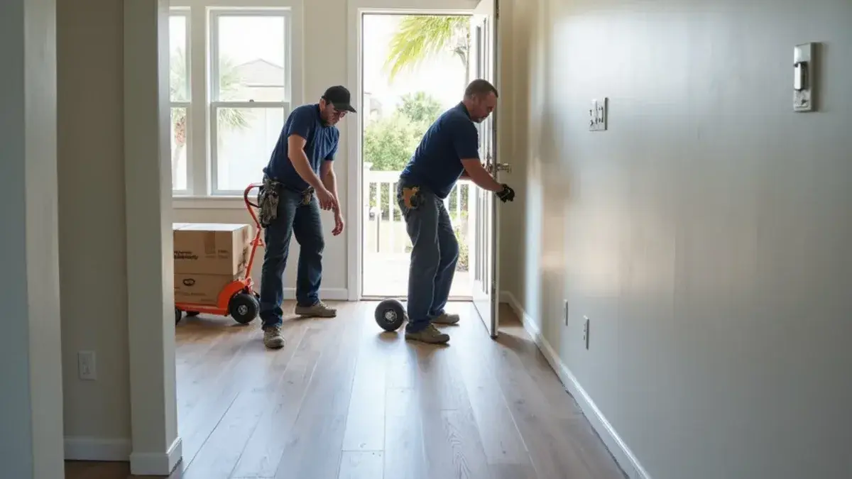 Crew clicking floating vinyl plank into place in an empty Jacksonville, FL living room before a move-in date