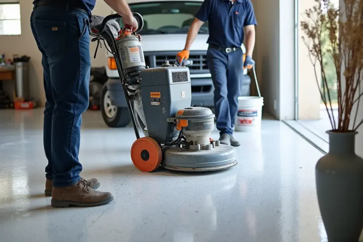 Worn epoxy floor being screened before a new clear topcoat in Jacksonville, FL