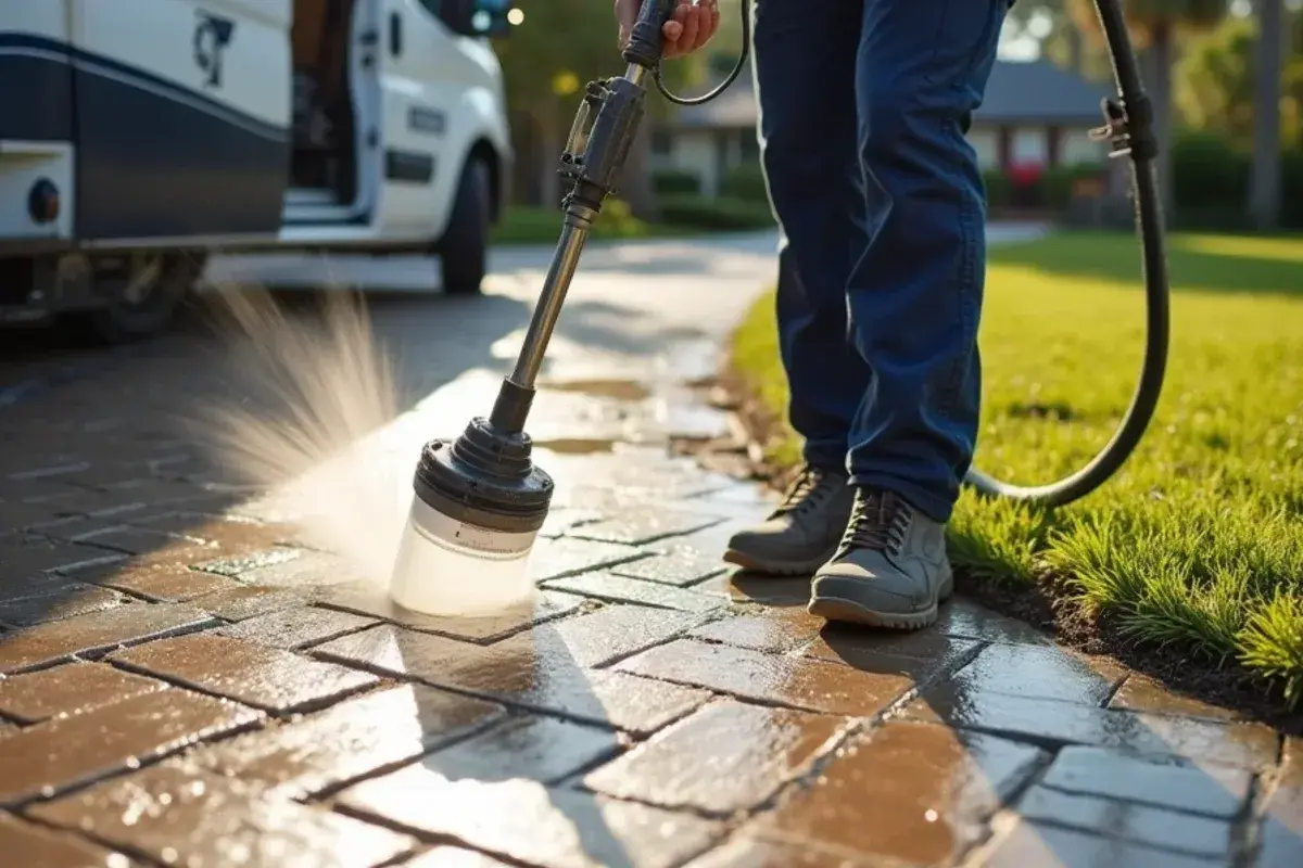 Sealer going onto a clean paver patio behind a home in Jacksonville, FL