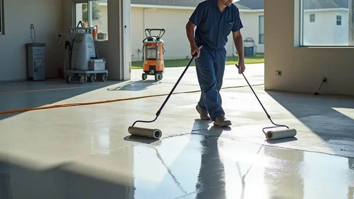 Clear sealer being rolled onto a clean gray concrete floor in Jacksonville, FL