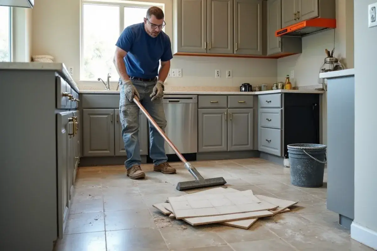 Old ceramic floor tile being removed down to the slab in a Jacksonville, FL kitchen