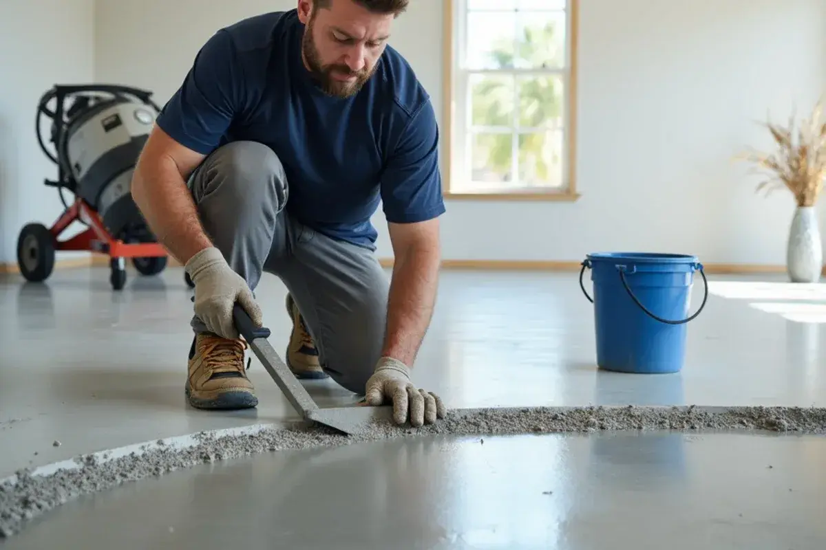Self-leveling compound spread over a low spot in a concrete slab in a Jacksonville, FL home
