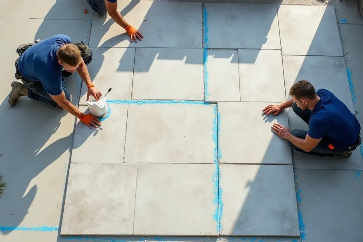 Chalk layout lines and first porcelain tiles set on a slab in a Jacksonville, FL family room
