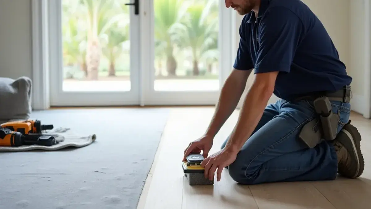 Installer clicking luxury vinyl plank into place over a leveled concrete slab in a Jacksonville, FL living room