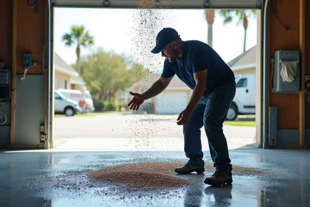 Installer broadcasting vinyl flake into a wet base coat in a Jacksonville, FL garage