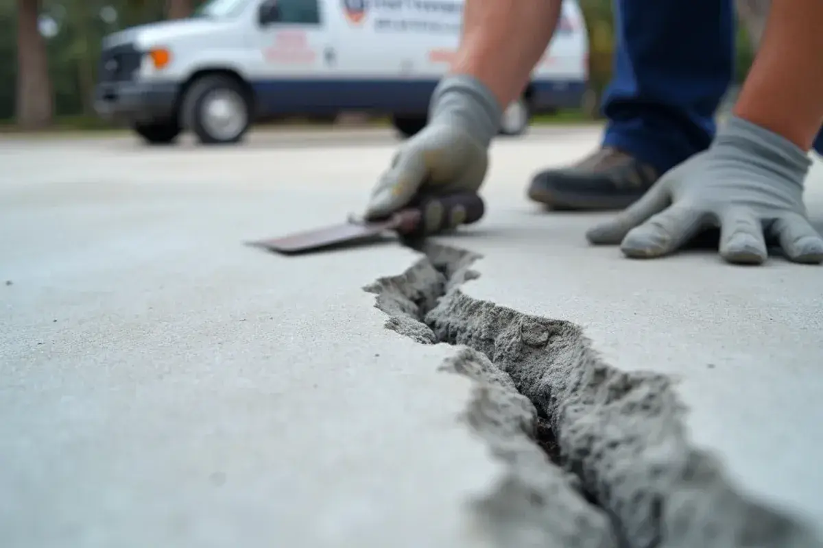Garage slab crack chased and filled before coating in Jacksonville, FL