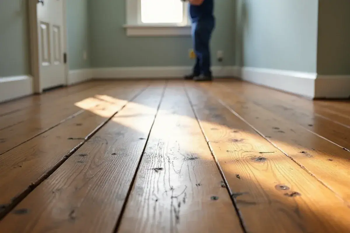 Original heart pine floorboards in an older Jacksonville, FL bungalow before refinishing