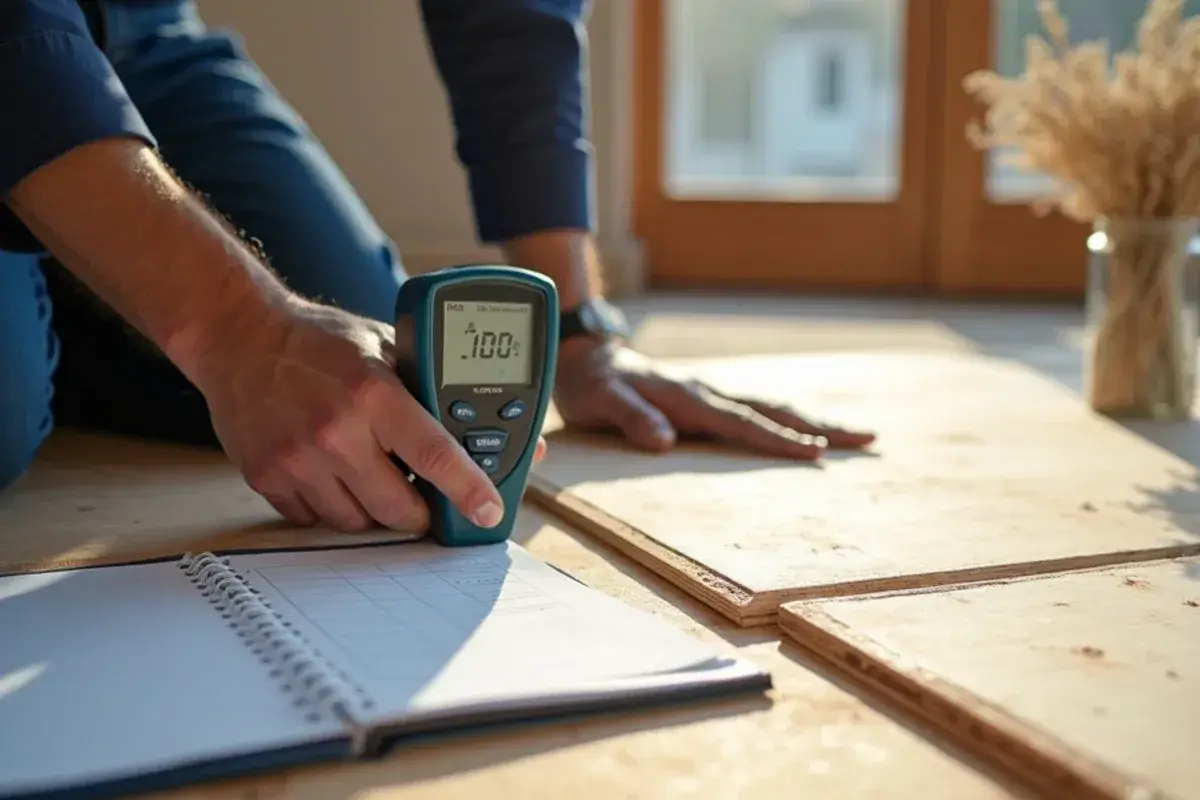 Pin moisture meter reading on a wood subfloor before hardwood install in Jacksonville, FL