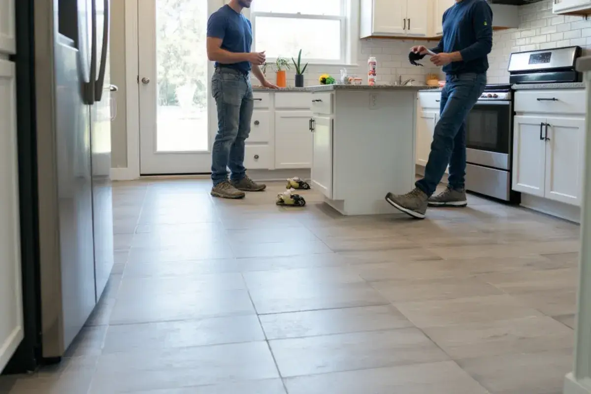 Large-format porcelain tile floor in a remodeled kitchen in Jacksonville, FL