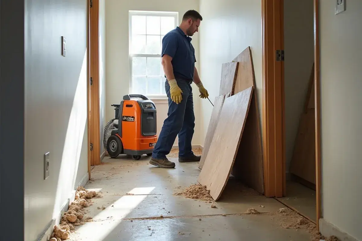 Water-damaged laminate pulled up to expose a wet slab after a leak in Jacksonville, FL