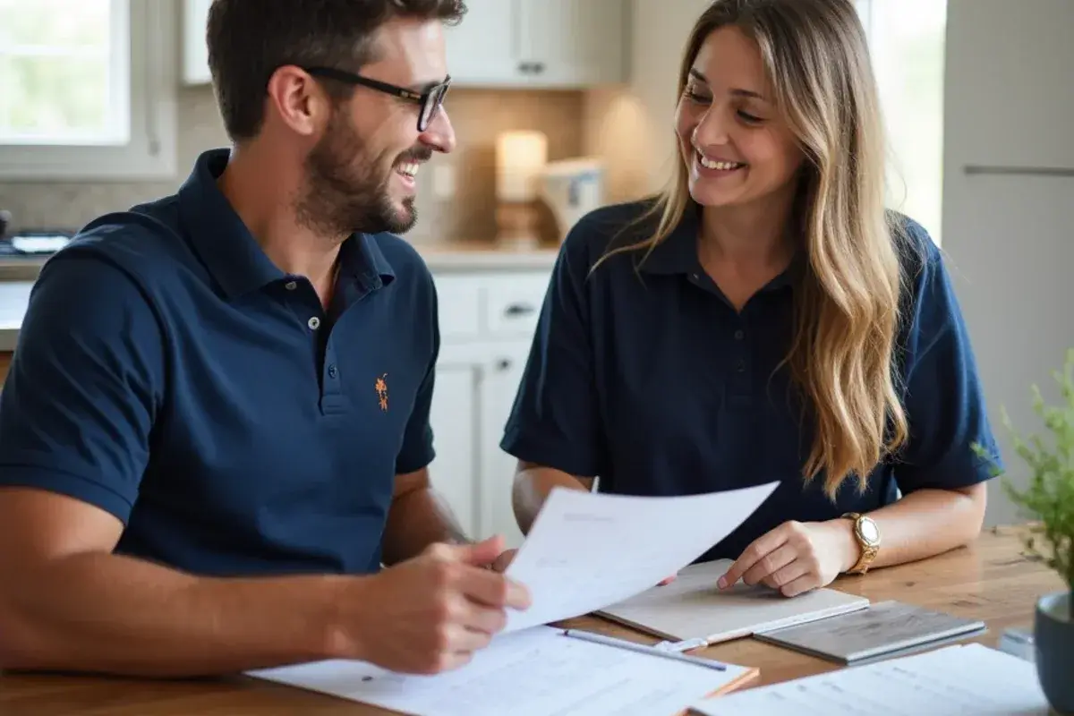 Homeowner and estimator reviewing an itemized flooring quote at a kitchen table in Jacksonville, FL