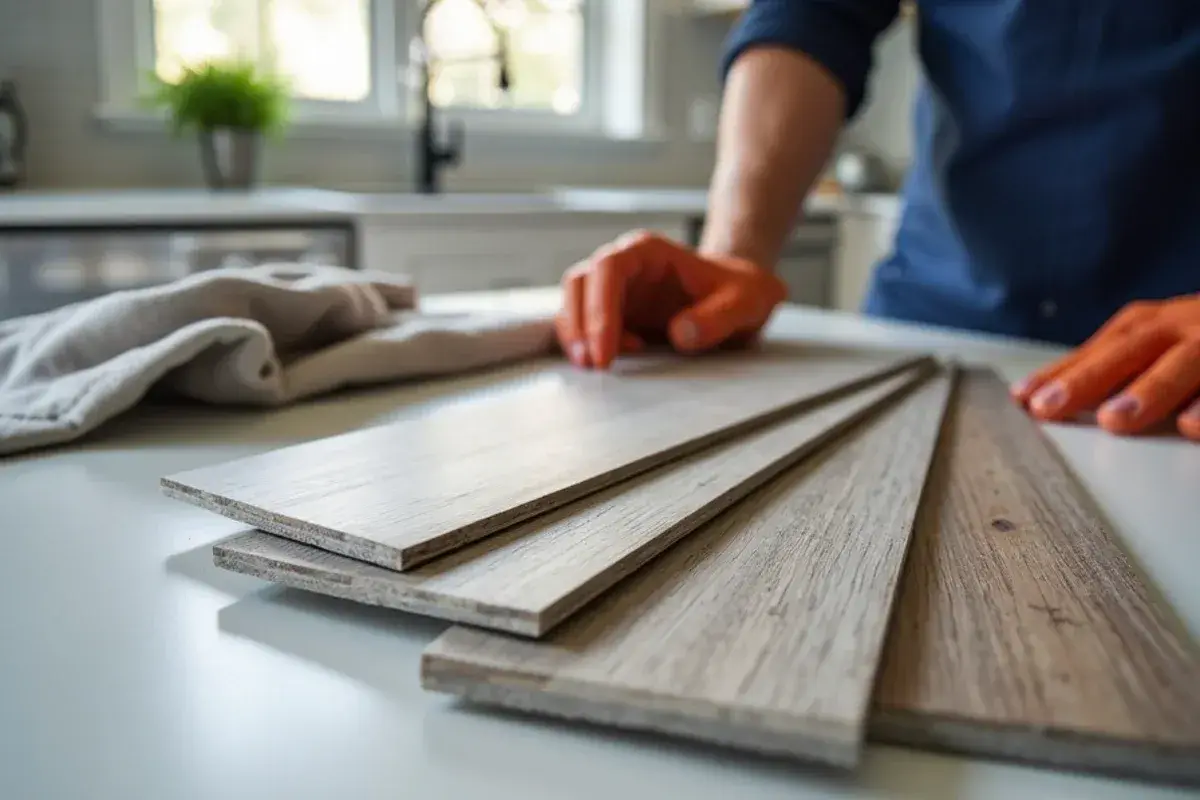 Vinyl plank samples with different wear layers laid out on a Jacksonville, FL kitchen counter