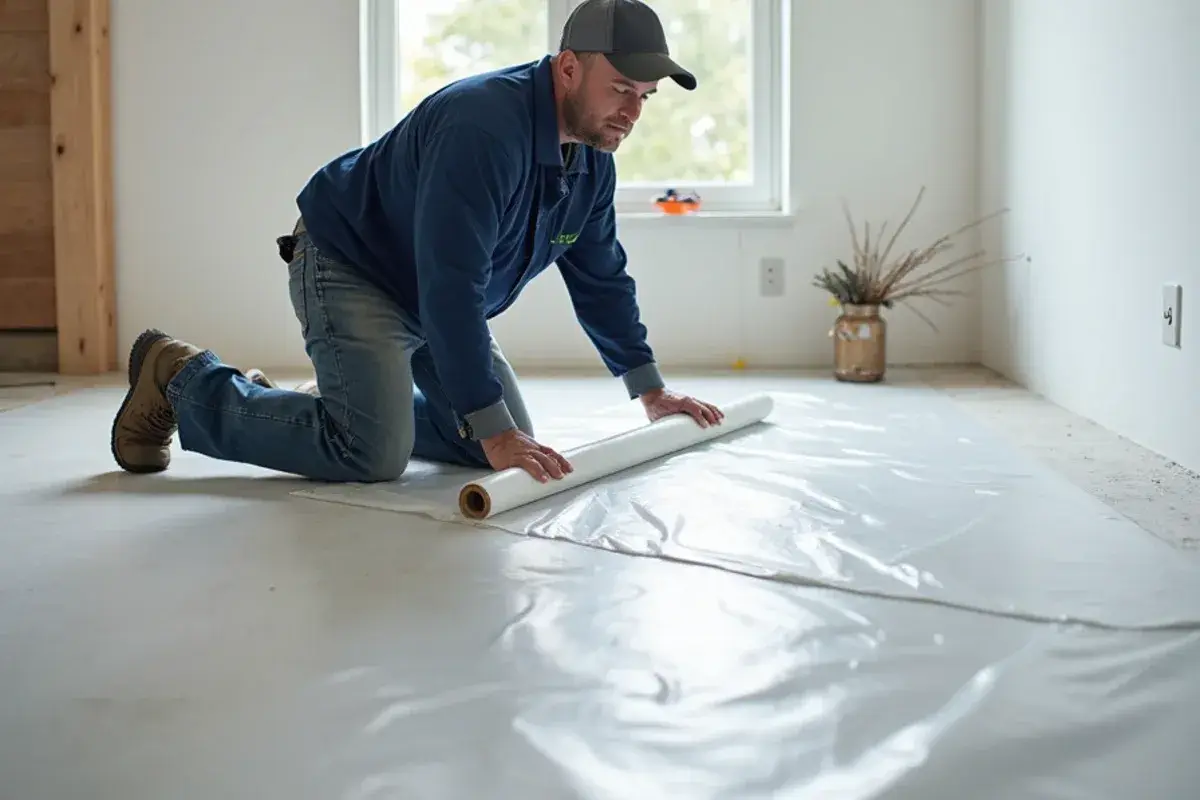 Six-mil polyethylene barrier taped over a concrete slab before vinyl plank in Jacksonville, FL