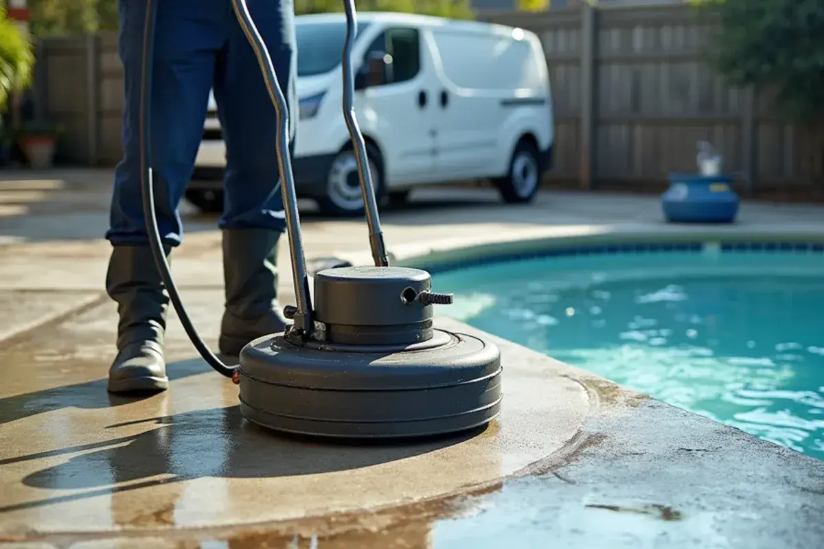 Surface cleaner pressure-washing algae off a concrete pool deck in Jacksonville, FL
