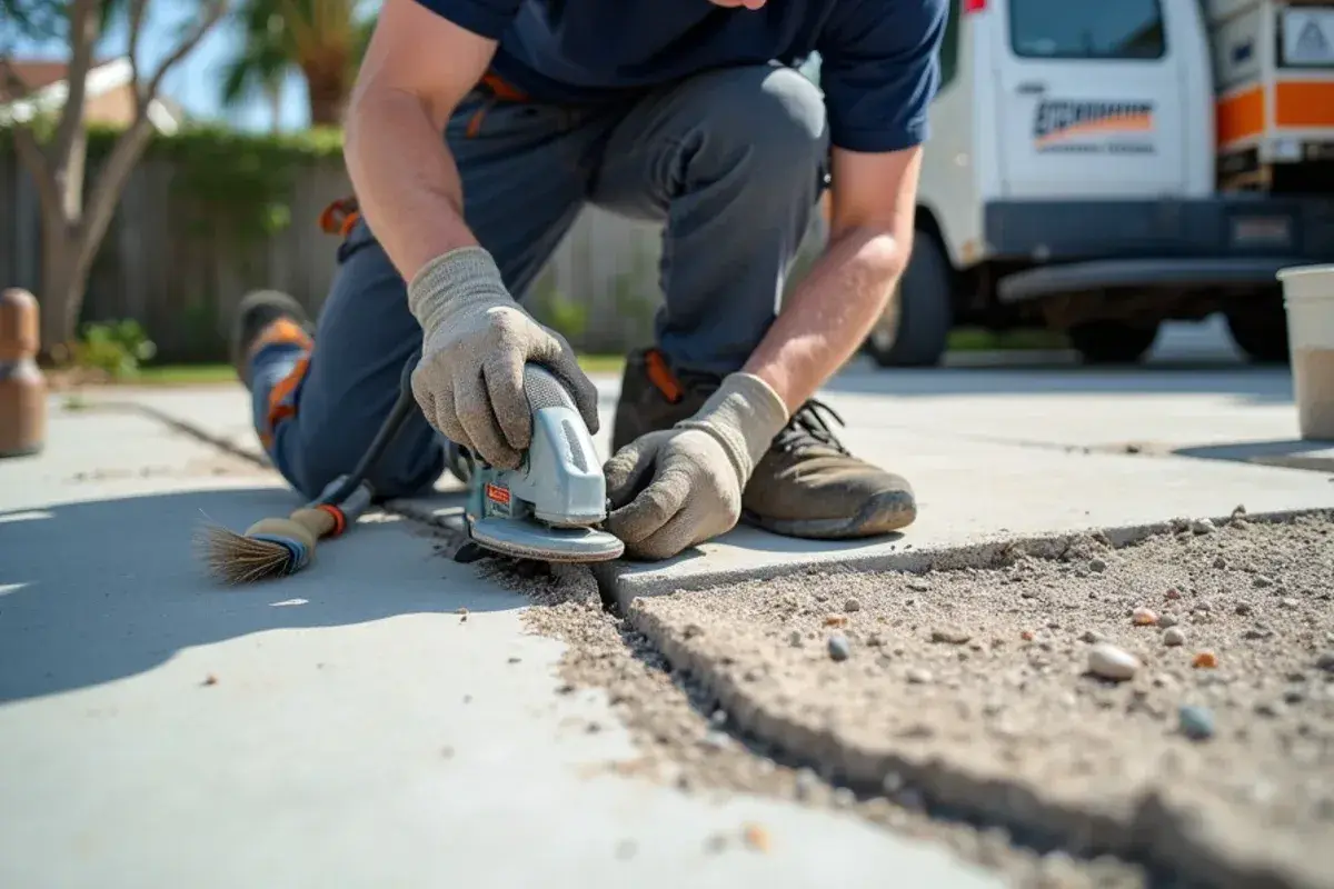Patio crack opened and filled with flexible compound before coating in Jacksonville, FL