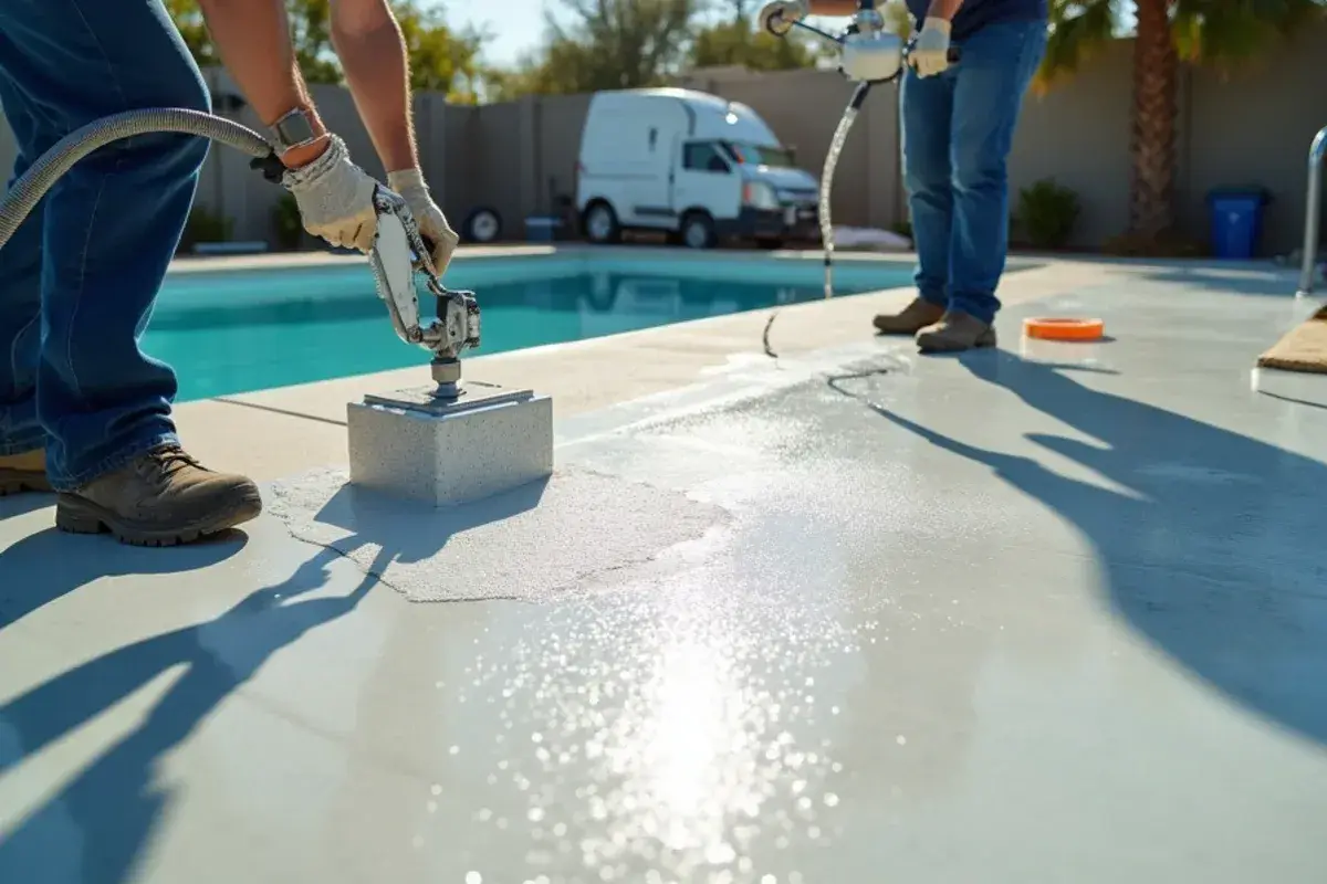Sprayed knockdown texture coat going down on a pool deck in Jacksonville, FL