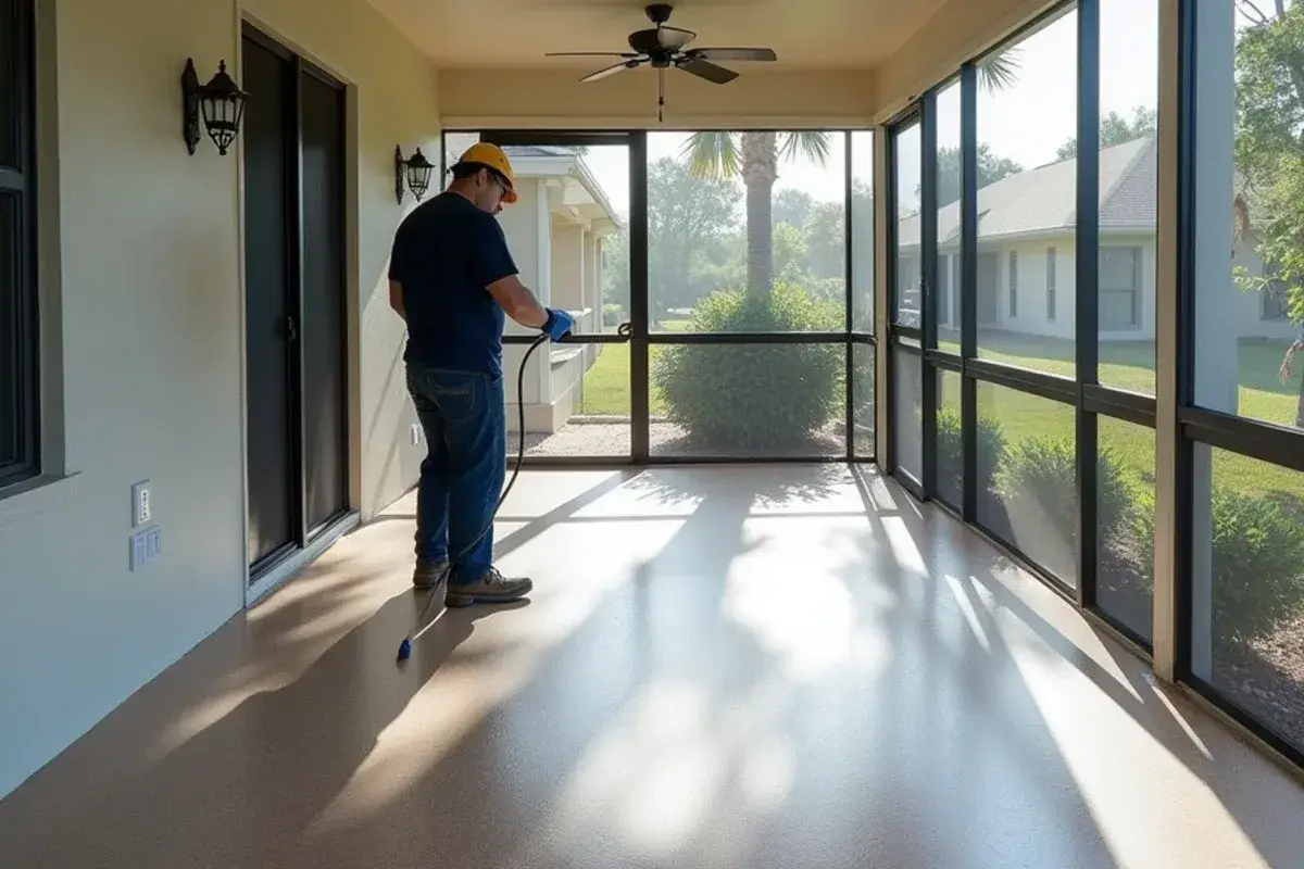 Decorative flake coating on the floor of a screened lanai in Jacksonville, FL