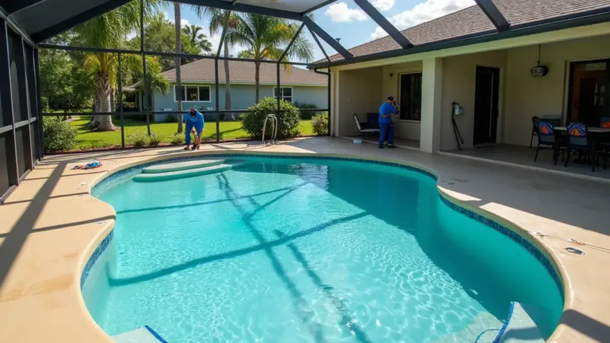 Freshly coated light tan pool deck with a knockdown texture beside a backyard pool in Jacksonville, FL