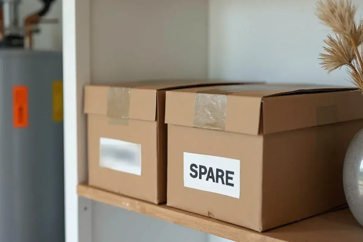 Labeled spare cartons of rental vinyl plank stored in a utility closet in Jacksonville, FL